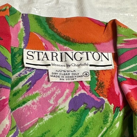 Vintage Starington Abstract Tropical Print Women's Silk Blouse Size 12 - Picture 4 of 6
